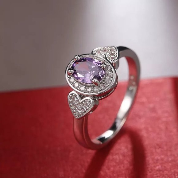 925 Silver Plated Purple Oval Cut CZ Birthstone Ring, FB16FA1135 - Picture 5 of 11